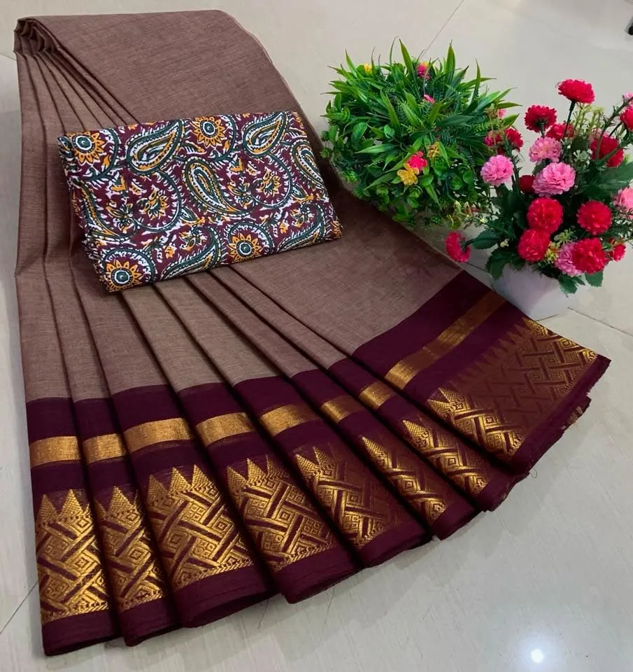 Mocha Brown Chettinadu Pure Cotton Saree with Kalamkari Blouse